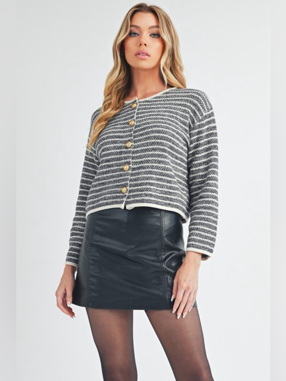 Aemi + Co Striped Button Down Round Neck Cardigan
